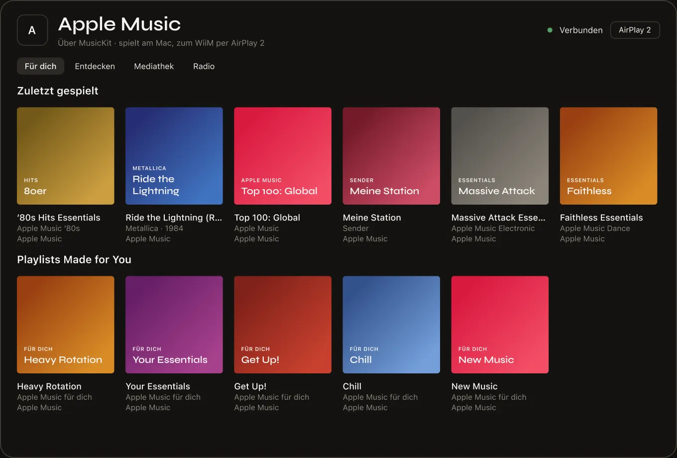 Apple-Music-Ansicht „Für dich“ mit zuletzt gespielten Playlists und Mixen.